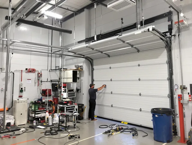 Longmeadow Garage Door Repair certified technician performing commercial door repair at a Longmeadow business facility