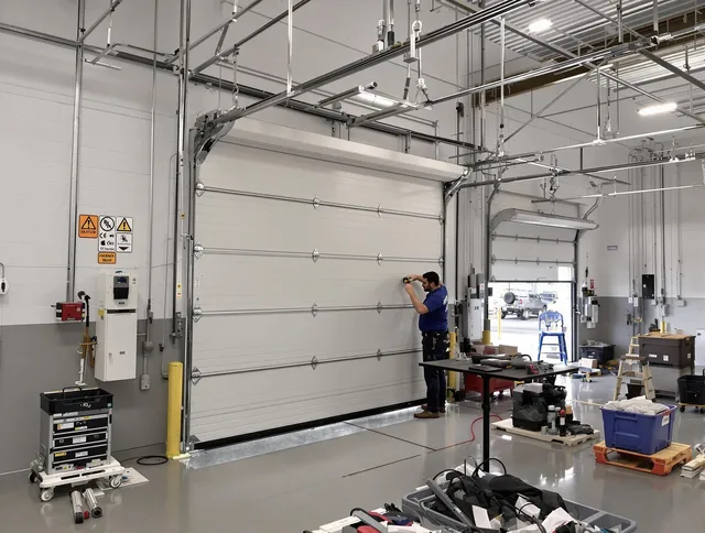 Commercial garage door repair being performed by Longmeadow Garage Door Repair expert in Longmeadow