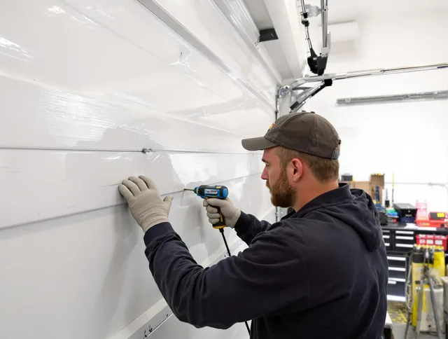 Longmeadow Garage Door Repair technician demonstrating precision dent removal techniques on a Longmeadow garage door