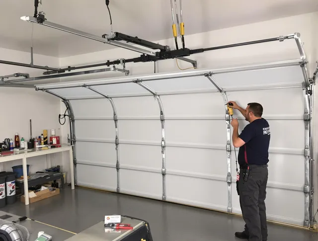 Longmeadow Garage Door Repair certified technician performing overhead door system repair in Longmeadow