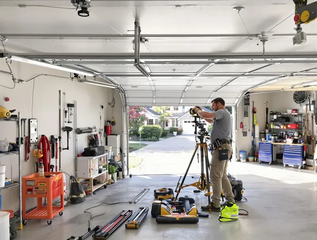 Longmeadow Garage Door Repair specialist performing laser-guided track alignment in Longmeadow